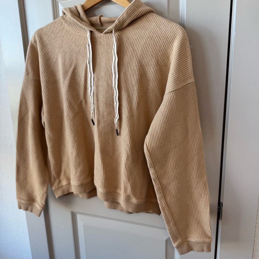 Aerie Oversized Ribbed Crop Drawstring Sweatshirt Hoodie in Camel Size Medium - Picture 3 of 5